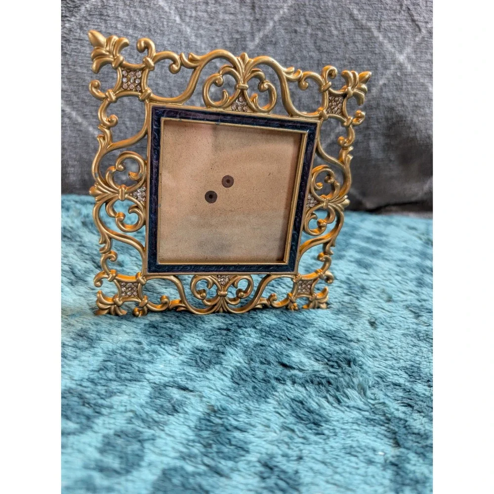 VTG 90s Ornate Gold Filigree Mini Pic Frame Blue Enamel Crystal Baroque Revival